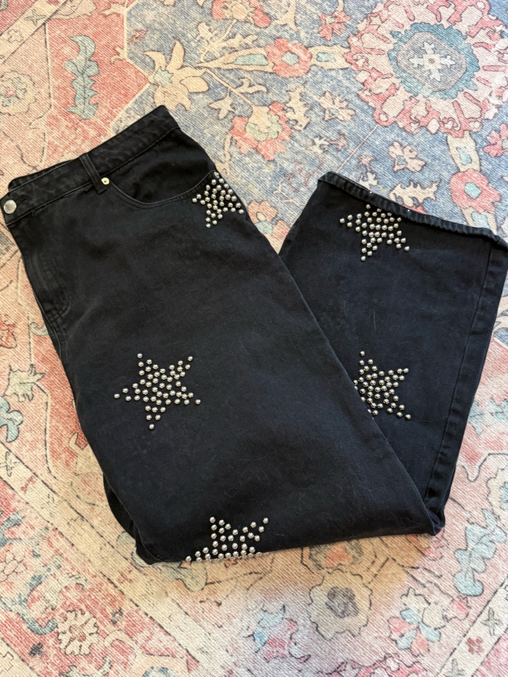 Nasty Gal Black Straight-Leg Jeans with Silver Star Studs
